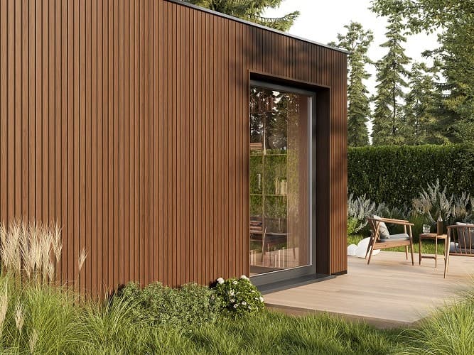 Pionowe deski elewacyjne w kolorze orzecha