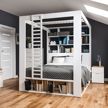 Łóżko 2-osobowe z baldachimem i z regałem 4 You aranżacja